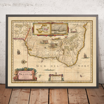Ancienne carte du Brésil par Visscher, 1690 : Rio De Janeiro, São Paulo, Salvador, São Luís, Natal