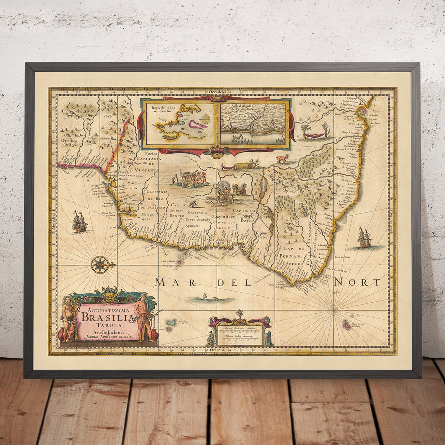 Mappa antica del Brasile di Visscher, 1690: Rio De Janeiro, São Paulo, Salvador, São Luís, Natal 