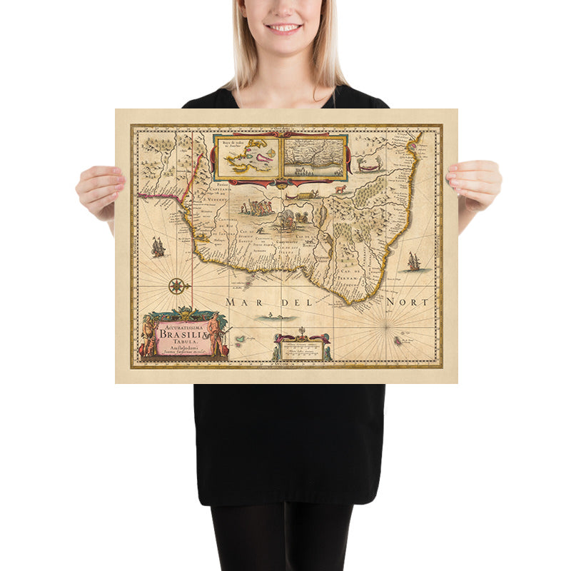 Mappa antica del Brasile di Visscher, 1690: Rio De Janeiro, São Paulo, Salvador, São Luís, Natal 