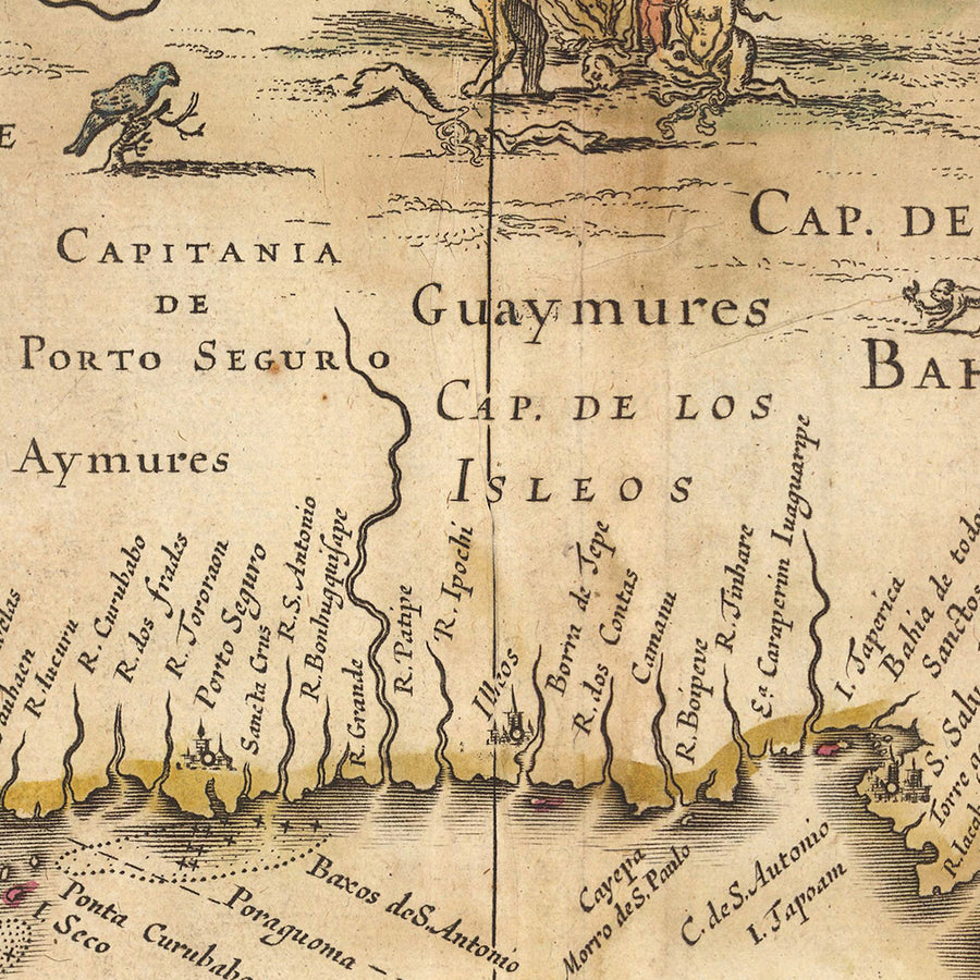 Mappa antica del Brasile di Visscher, 1690: Rio De Janeiro, São Paulo, Salvador, São Luís, Natal 