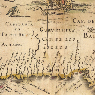 Ancienne carte du Brésil par Visscher, 1690 : Rio De Janeiro, São Paulo, Salvador, São Luís, Natal