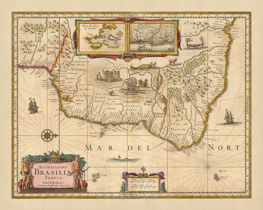 Mappa antica del Brasile di Visscher, 1690: Rio De Janeiro, São Paulo, Salvador, São Luís, Natal 