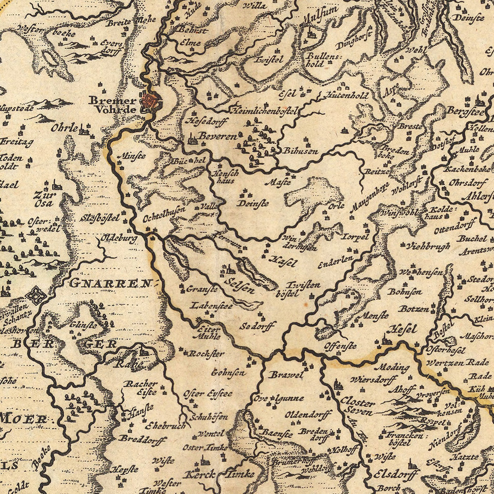 Mapa antiguo de Bremen y Verden: Visscher, 1690: Hamburgo, Oldenburg, Lüneberg, Bremerhaven, Stade