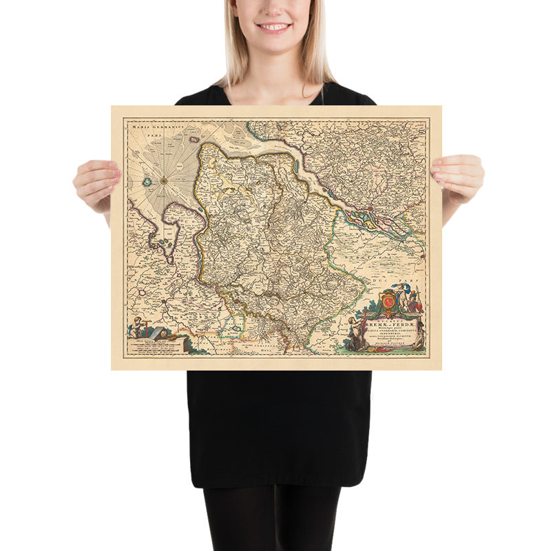 Mappa Antica di Brema e Verden: Visscher, 1690: Amburgo, Oldenburg, Lüneburg, Bremerhaven, Stade 
