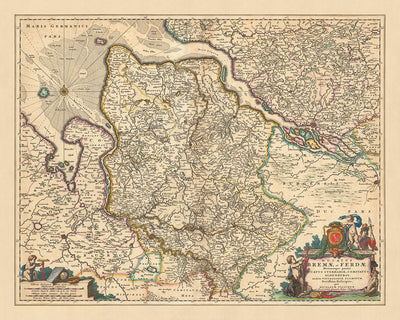 Mapa antiguo de Bremen y Verden: Visscher, 1690: Hamburgo, Oldenburg, Lüneberg, Bremerhaven, Stade