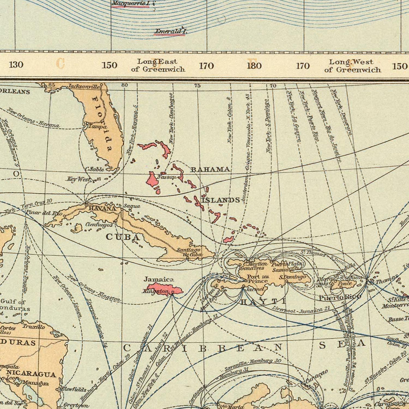 Carte du vieux monde des routes commerciales de l'Empire britannique par le Times en 1895 - Les îles britanniques, le Canada, l'Inde, l'Australie, la Nouvelle-Zélande