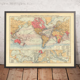 Old World Map of British Empire Trade Routes & Ocean Currents, 1895 - Shipping Chart, Submarine Cables