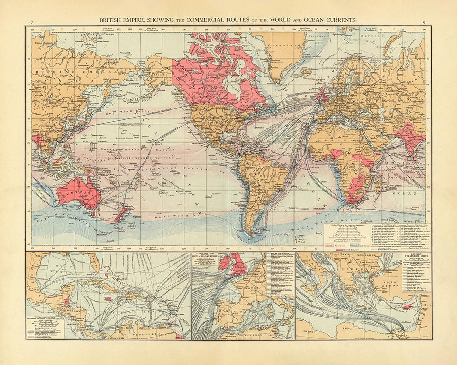 Alte Weltkarte des Handelsnetzes und der Meeresströmungen des Britischen Empire, 1895 - Schifffahrtskarte, Unterseekabel 