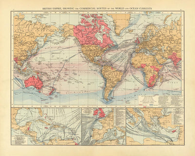 Carte du vieux monde des routes commerciales de l'Empire britannique par le Times en 1895 - Les îles britanniques, le Canada, l'Inde, l'Australie, la Nouvelle-Zélande