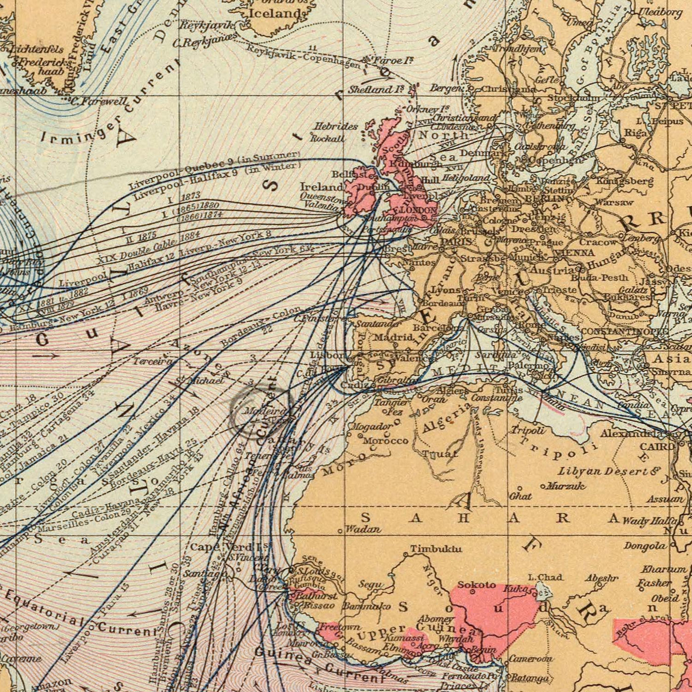 Old World Map of British Empire Trade Routes & Ocean Currents, 1895 - Shipping Chart, Submarine Cables