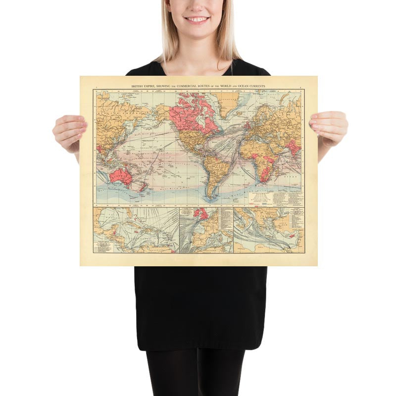 Alte Weltkarte des Handelsnetzes und der Meeresströmungen des Britischen Empire, 1895 - Schifffahrtskarte, Unterseekabel 