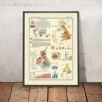 Mappa infografica antica delle Isole Britanniche, 1967: Densità di popolazione, Variazione climatica, Statistiche sull&