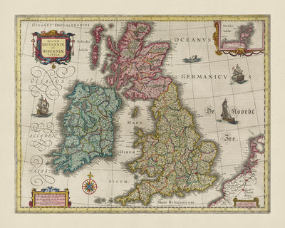 Ancienne carte des îles britanniques, Blaeu, 1665 : Londres, Dublin, Édimbourg, Snowdonia, Tamise