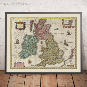 Ancienne carte du comté des îles britanniques par Blaeu, 1665 : comtés et villes anglaises, galloises, écossaises et irlandaises 
