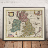 Ancienne carte du comté des îles britanniques par Blaeu, 1665 : comtés et villes anglaises, galloises, écossaises et irlandaises 