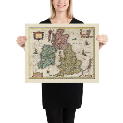 Alte Karte der britischen Inseln, Blaeu, 1665: London, Dublin, Edinburgh, Snowdonia, Themse