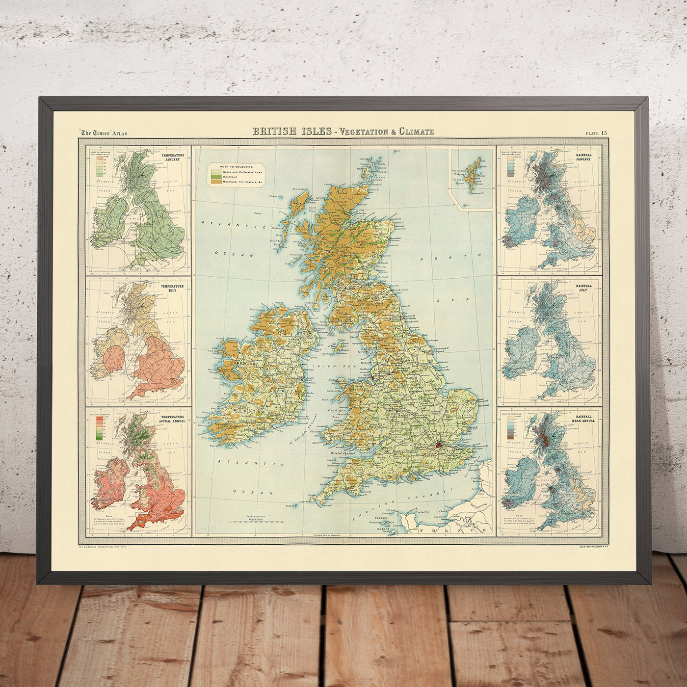 Old Map of British Isles Temperature & Rainfall by Bartholomew, 1922: Vegetation, Railways, Climate