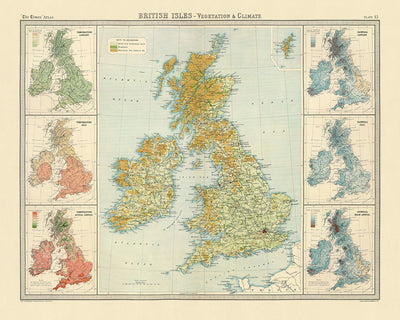 Old Map of British Isles Temperature & Rainfall by Bartholomew, 1922: Vegetation, Railways, Climate