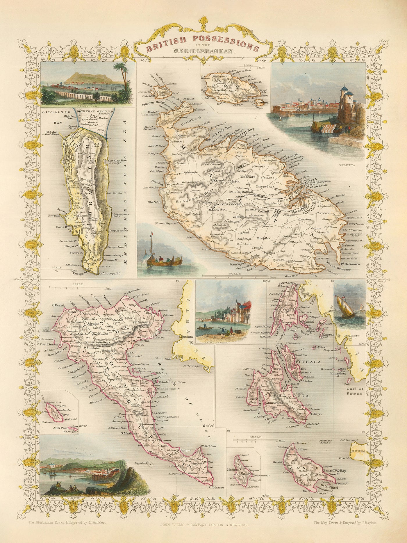 Alte Karte der britischen Besitztümer im Mittelmeer von Tallis & Rapkin 1851: Gibraltar, Malta, Zypern, Helgoland, Ionische Inseln