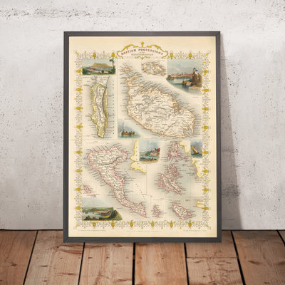 Antiguo mapa de las posesiones británicas en el Mediterráneo por Tallis y Rapkin 1851: Gibraltar, Malta, Chipre, Heligoland, Islas Jónicas