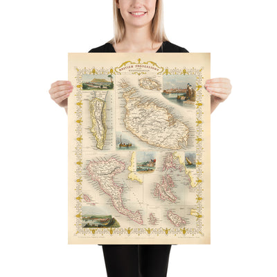 Antiguo mapa de las posesiones británicas en el Mediterráneo por Tallis y Rapkin 1851: Gibraltar, Malta, Chipre, Heligoland, Islas Jónicas
