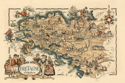 Alte Karte der Bretagne, Frankreich von Jacques Liozu, 1951: Rennes, Nantes, Brest, Quimper, Saint-Malo