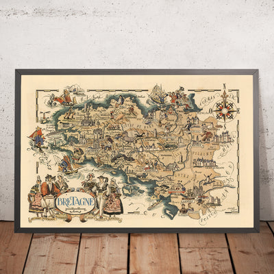 Mapa antiguo de Bretaña, Francia, de Jacques Liozu, 1951: Rennes, Nantes, Brest, Quimper, Saint-Malo