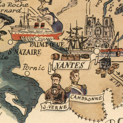 Ancienne carte de Bretagne, France par Jacques Liozu, 1951 : Rennes, Nantes, Brest, Quimper, Saint-Malo