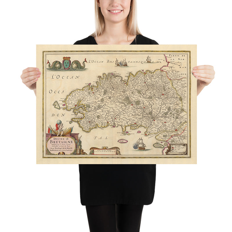 Antica mappa della Bretagna di Nicolaes Visscher, 1690: Rennes, Nantes, Brest, Saint-Malo e Vannes 