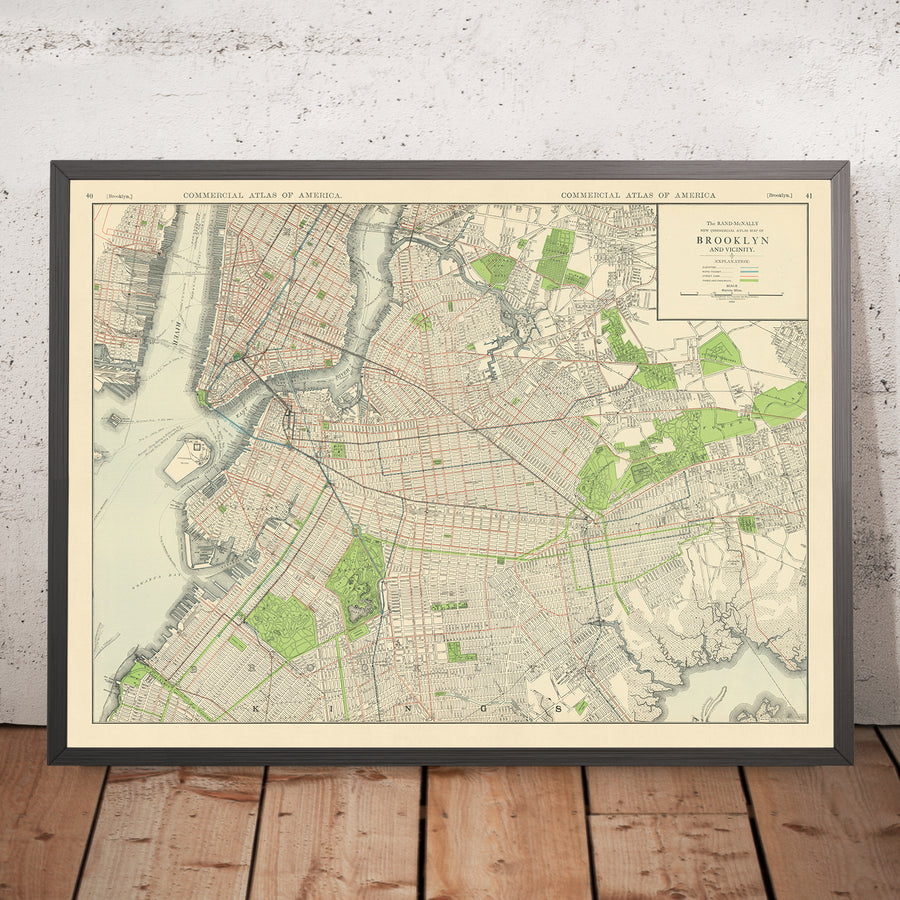 Vecchia mappa di Brooklyn di Rand McNally, 1912: linee di trasporto elevato e rapido, tram, Prospect Park, Brooklyn Bridge 