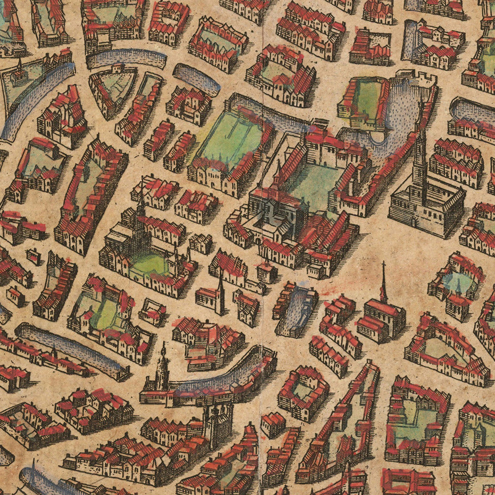 Alte Vogelperspektive-Karte von Brügge von Braun, 1572: Glockenturm, St.-Salvator-Kathedrale, Liebfrauenkirche