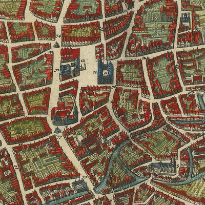 Carte ancienne de Bruxelles à vol d'oiseau par Blaeu, 1649 : Fortifications, Églises, Bâtiments publics, Quartiers, Jardins