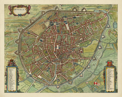 Mapa antiguo de Bruselas a vista de pájaro realizado por Blaeu, 1649: fortificaciones, iglesias, edificios públicos, barrios y jardines