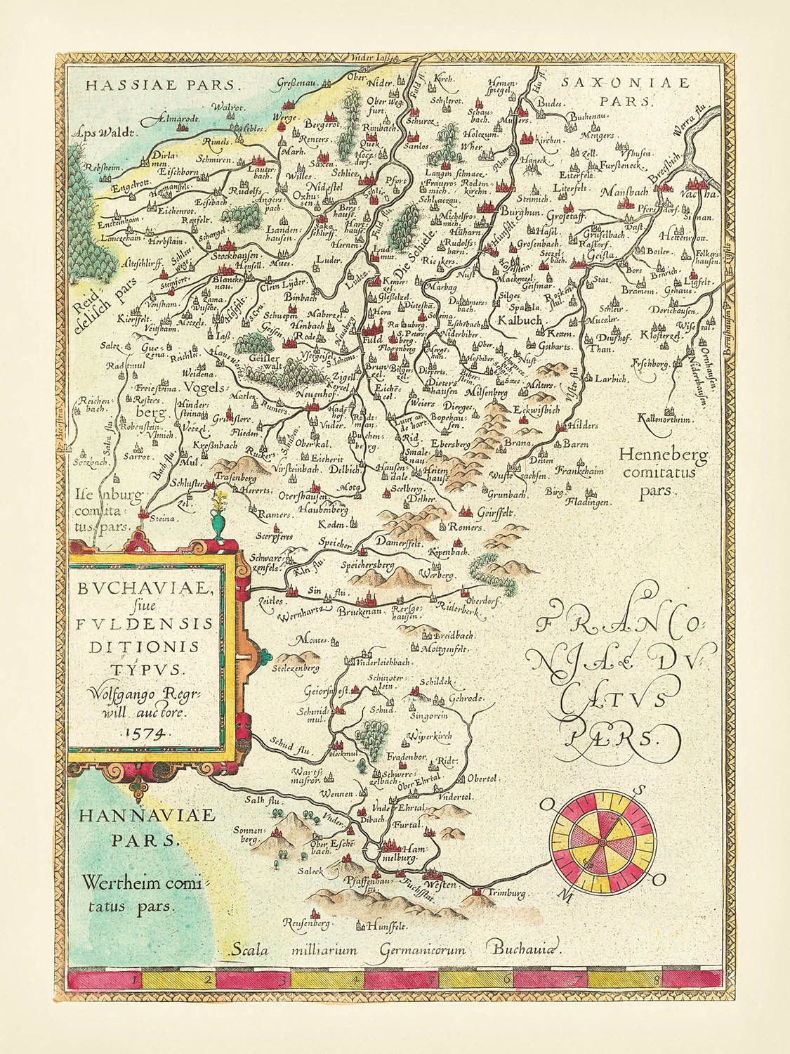 Carte ancienne de la Hesse par Ortelius, 1574 : Fulda, Würzburg, rivières, montagnes, cartouche