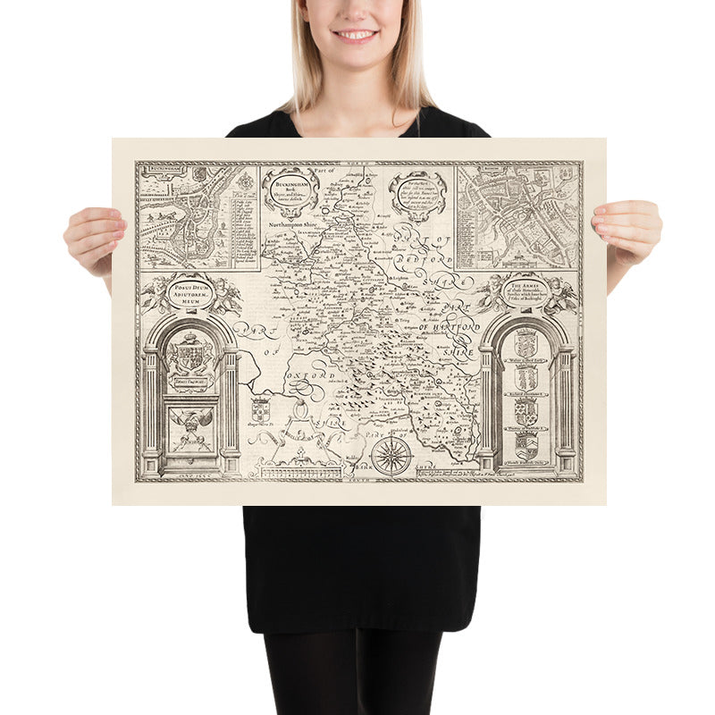 Mappa monocromatica antica del Buckinghamshire nel 1611 di John Speed - High Wycombe, Amersham, Buckingham, Milton Keynes 