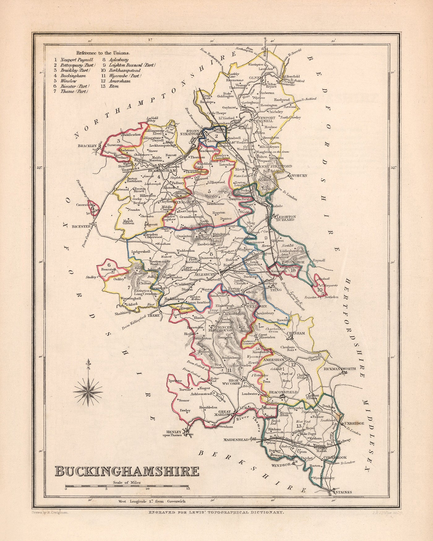Ancienne carte du Buckinghamshire par Samuel Lewis, 1844 : Aylesbury, High Wycombe, Milton Keynes, Marlow, Amersham, Chesham