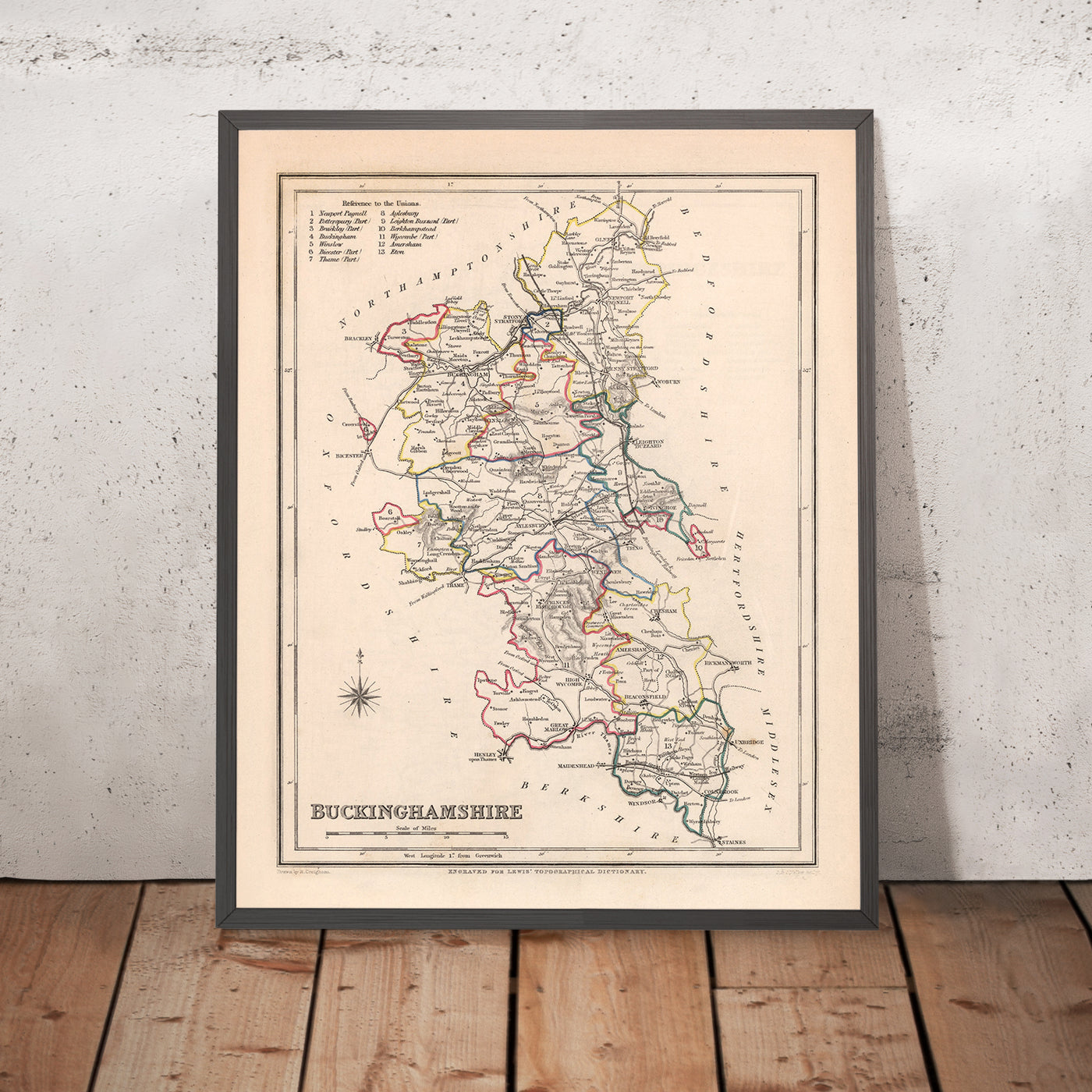 Mapa antiguo de Buckinghamshire por Samuel Lewis, 1844: Aylesbury, High Wycombe, Milton Keynes, Marlow, Amersham, Chesham
