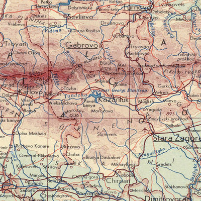 Mapa antiguo de Bulgaria realizado por el Servicio de Topografía del Ejército Polaco, 1967: Sofía, representación física y política detallada, montañas, ríos y llanuras