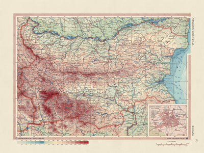 Mapa antiguo de Bulgaria realizado por el Servicio de Topografía del Ejército Polaco, 1967: Sofía, representación física y política detallada, montañas, ríos y llanuras
