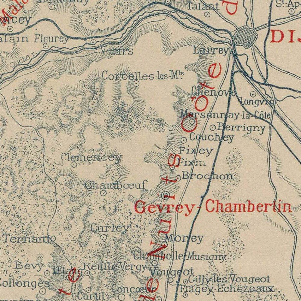 Alte Karte von Burgund von Jouffroy, 1895: Dijon, Beaune, Weinberge, Saône, Eisenbahnen