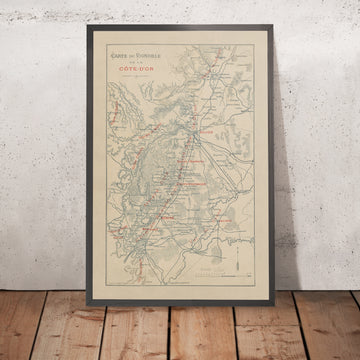 Mapa antiguo del vino de Borgoña, 1895: Cô te de Beaune y Cote d’Or, Dijon, Beaune, viñedos, río Saône 