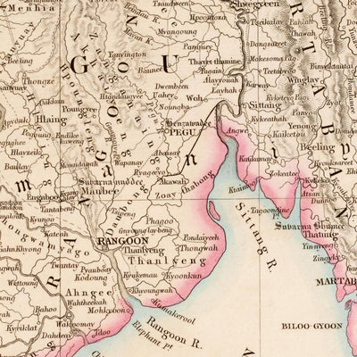 Alte Karte von Myanmar von Arrowsmith, 1857: Irrawaddy, Salween, Yangon, Mandalay, Arakan-Gebirge