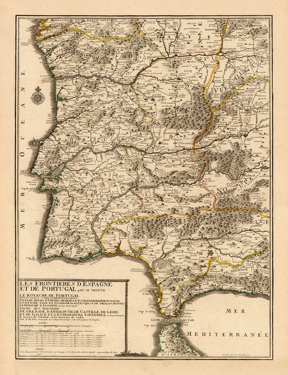 Ancienne carte de l'Algarve et de Gibraltar en 1742 par Nicolas de Fer - Cadix, Malaga, Séville, Marbella, Lisbonne, Portugal, Espagne