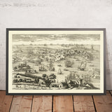 Old Pictorial Map of Cadiz by Aveline, 1700: Castillo de San Sebastián, Catedral, Plaza de España
