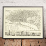 Ancienne carte de Calcutta (Kolkata), 1840 : Fort William, Maison du Gouvernement, Esplanade Row, Maidan, Pont Howrah 