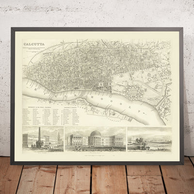 Mapa antiguo de Calcuta, 1840: Fort William, Casa de Gobierno, Esplanade Row, Maidan, Puente Howrah