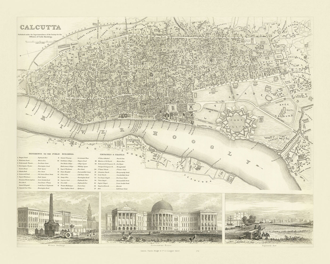Mapa antiguo de Calcuta, 1840: Fort William, Casa de Gobierno, Esplanade Row, Maidan, Puente Howrah