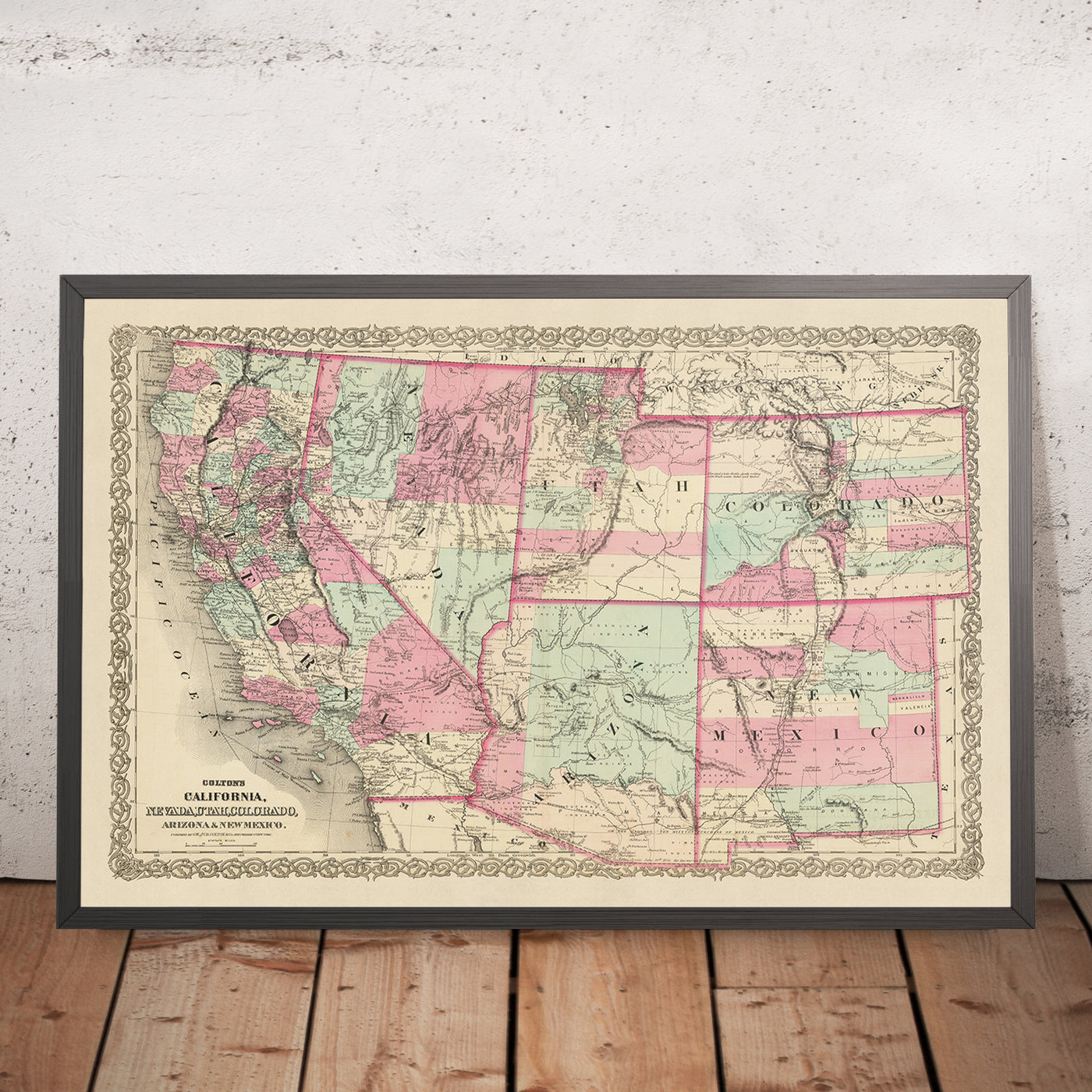 Old Map of Western United States by J.H. Colton, 1871: San Francisco, Salt Lake City, Denver, Tucson, and Santa Fe