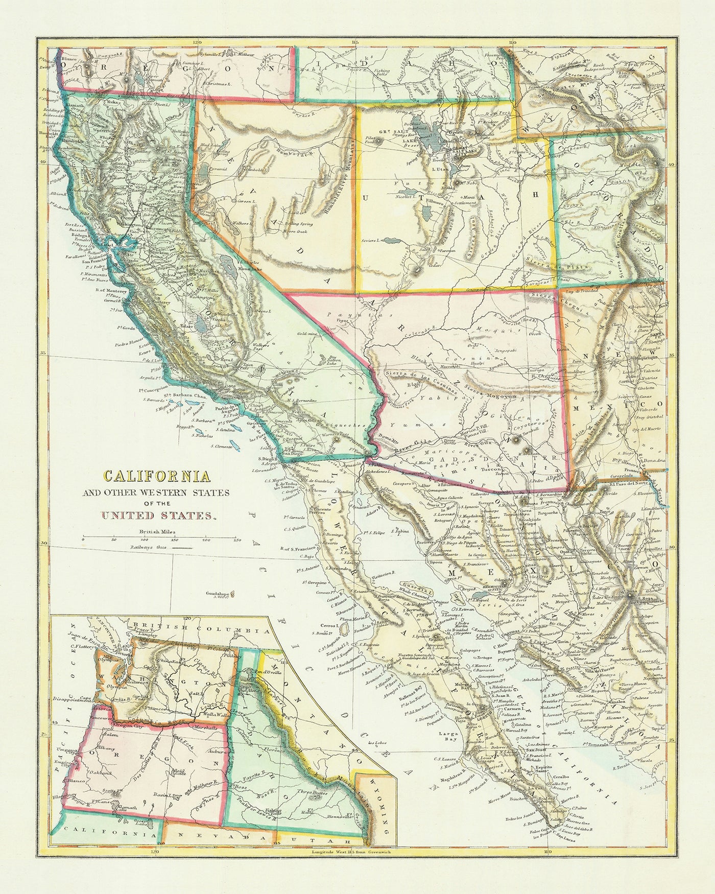 Ancienne carte de la Californie, de l'Arizona, du Nevada, de l'Utah, etc. en 1868 : San Francisco, Death Valley, Sierra Nevada, fleuve Colorado, mormons de l'Utah