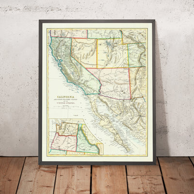 Ancienne carte de la Californie, de l'Arizona, du Nevada, de l'Utah, etc. en 1868 : San Francisco, Death Valley, Sierra Nevada, fleuve Colorado, mormons de l'Utah
